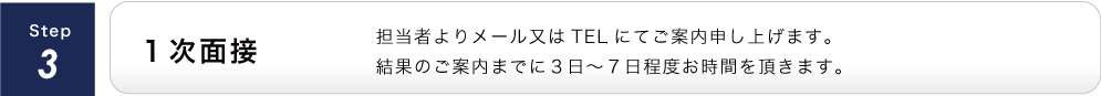 １次面接/担当者よりメール又はTELにてご案内申し上げます。結果のご案内までに３日～７日程度お時間を頂きます。